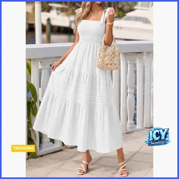 Cotton Boho Maxi Dress Spaghetti Strap Smocked A-Line Sundress - Picture 6 of 7